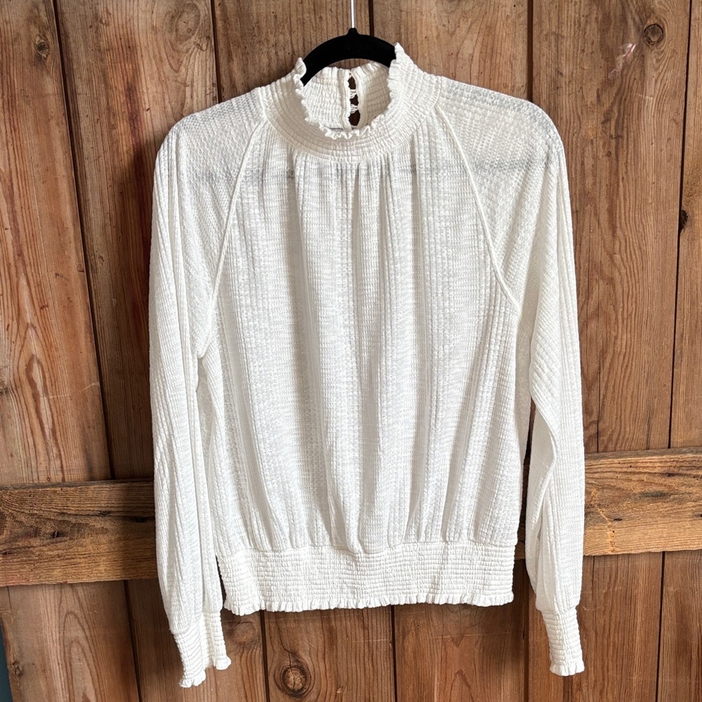 Free People Smocked High Neck White Textured Blouse